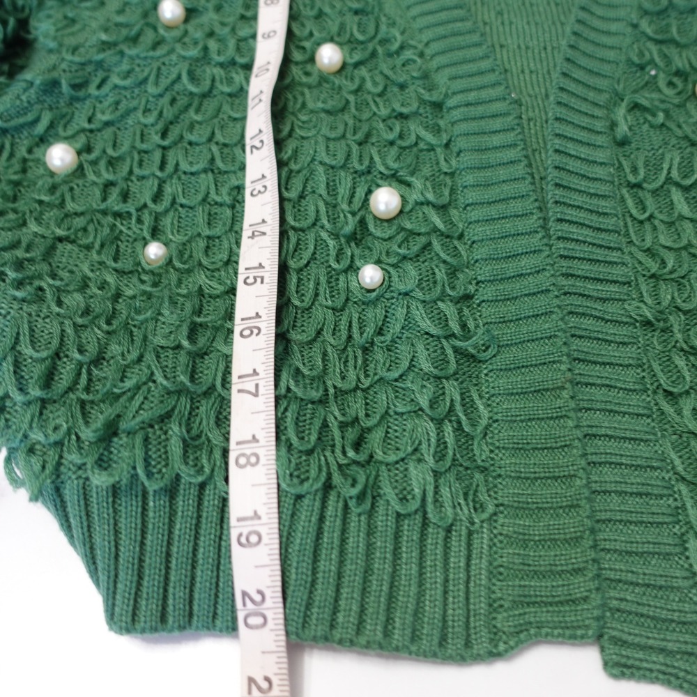 Vintage Y2K Green Loop‎ Knit Pearl Embellished Open Cardigan XL Shaggy Sweater - Picture 5 of 9